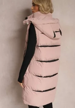 Różowa Kamizelka o Długim Fasonie z Kapturem i Kieszeniami Xildove