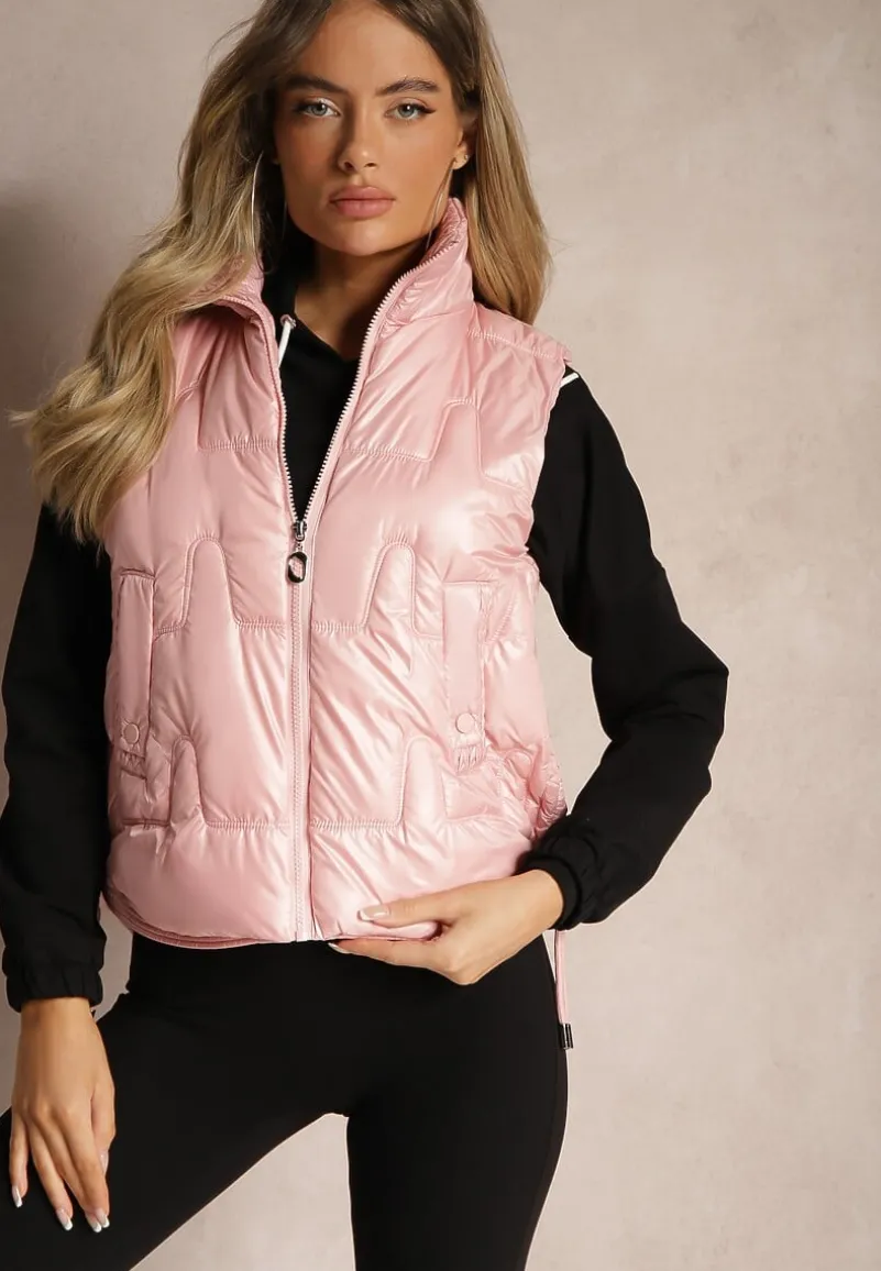 Różowa Kamizelka Pikowana Ozdobiona Troczkami i Stójką Terinora