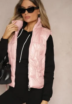 Różowa Kamizelka Pikowana Ozdobiona Troczkami i Stójką Terinora