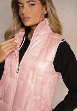 Różowa Kamizelka Pikowana Ozdobiona Troczkami i Stójką Terinora