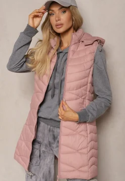 Różowa Kamizelka Pikowana z Kieszeniami i Odpinanym Kapturem Sailenne