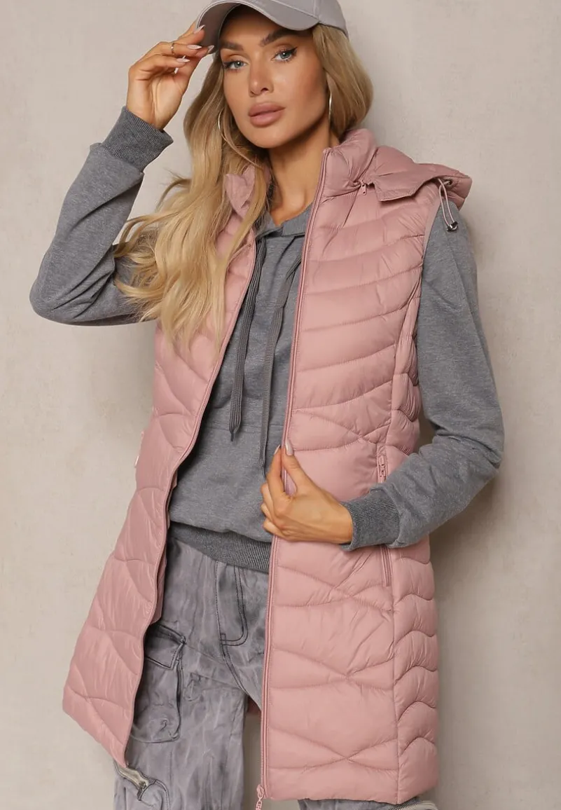 Różowa Kamizelka Pikowana z Kieszeniami i Odpinanym Kapturem Sailenne