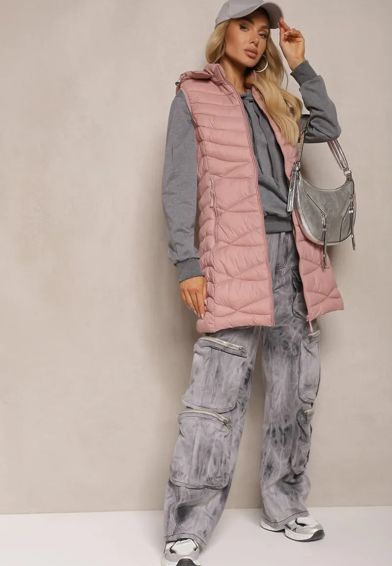 Różowa Kamizelka Pikowana z Kieszeniami i Odpinanym Kapturem Sailenne