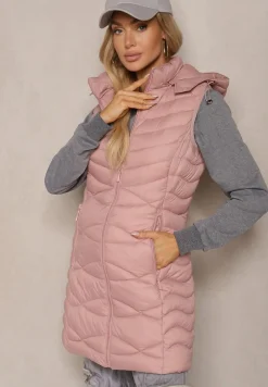 Różowa Kamizelka Pikowana z Kieszeniami i Odpinanym Kapturem Sailenne