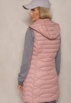 Różowa Kamizelka Pikowana z Kieszeniami i Odpinanym Kapturem Sailenne