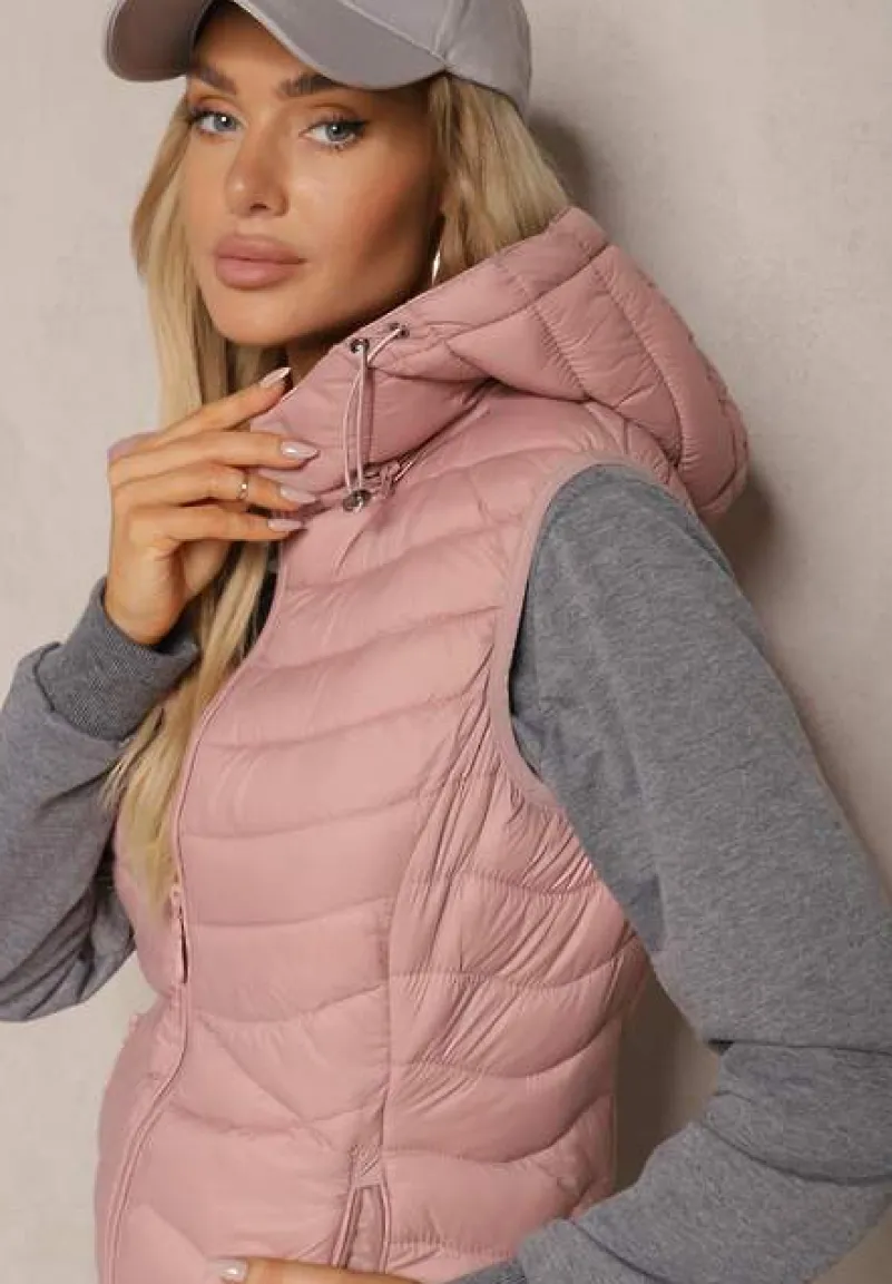 Różowa Kamizelka Pikowana z Kieszeniami i Odpinanym Kapturem Sailenne