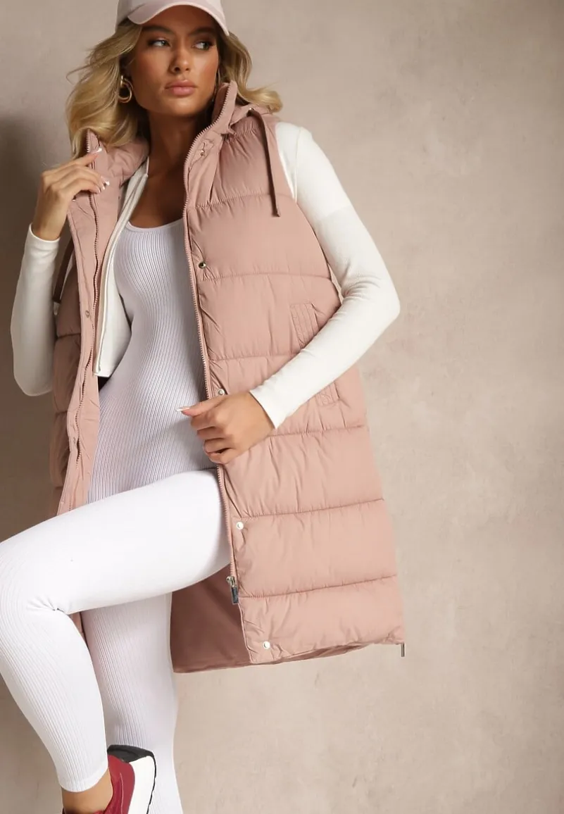 Różowa Kamizelka Pikowana z Kapturem Ozdobiona Sznurkami Eleandra