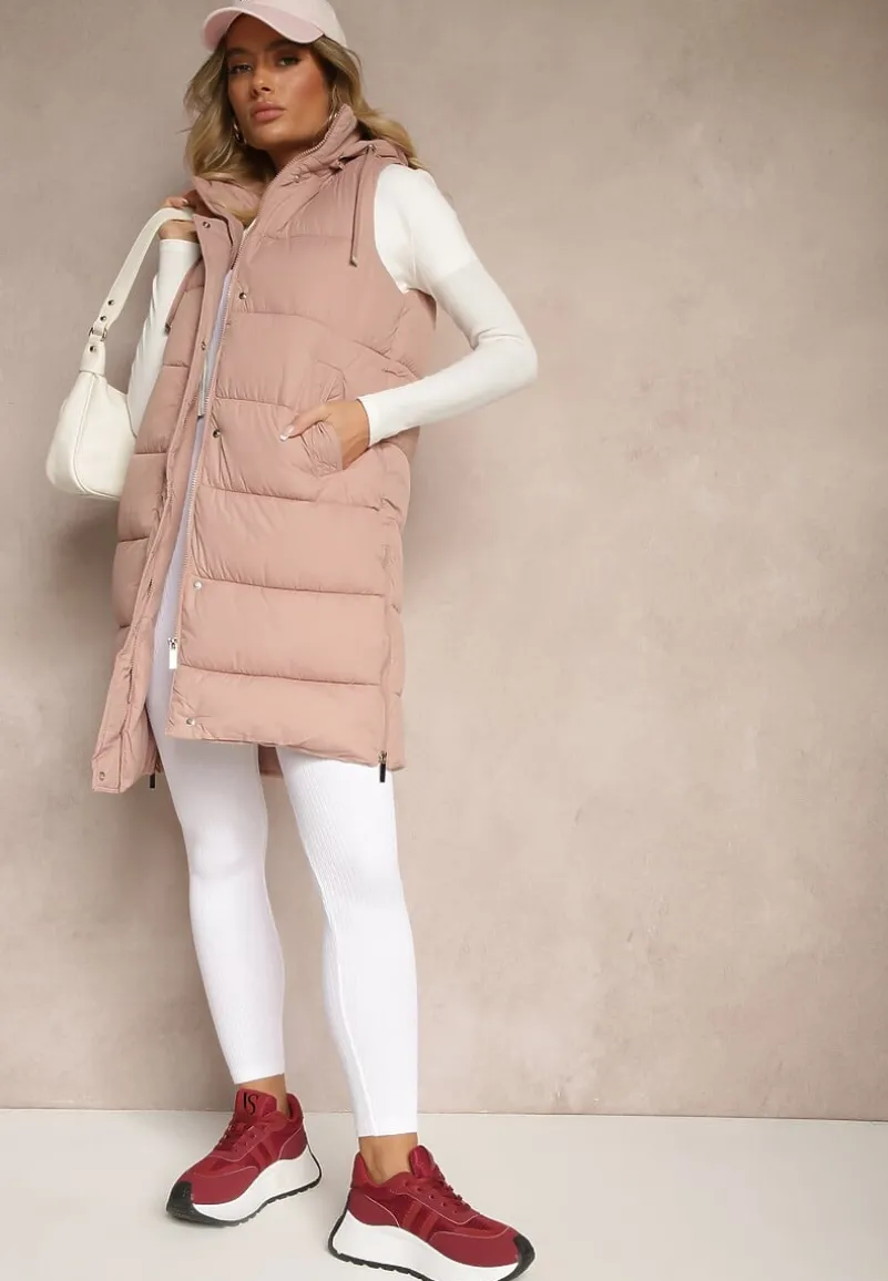 Różowa Kamizelka Pikowana z Kapturem Ozdobiona Sznurkami Eleandra