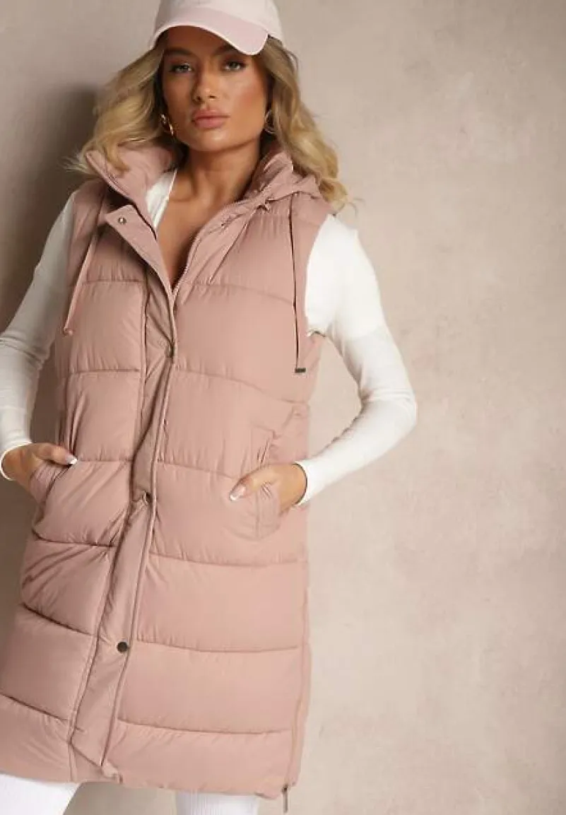 Różowa Kamizelka Pikowana z Kapturem Ozdobiona Sznurkami Eleandra