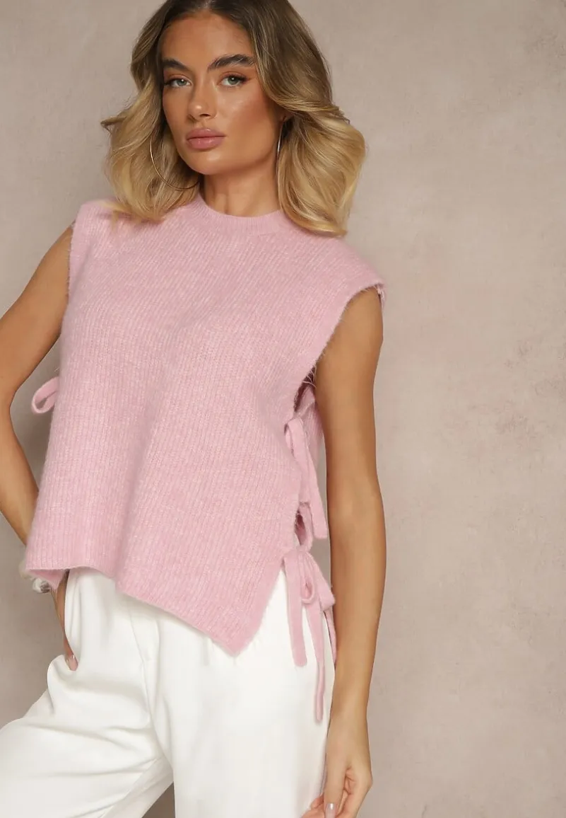 Różowa Kamizelka z Dzianiny z Wełną i Wiskozą Zdobiona Wiązaniami Annivoriae