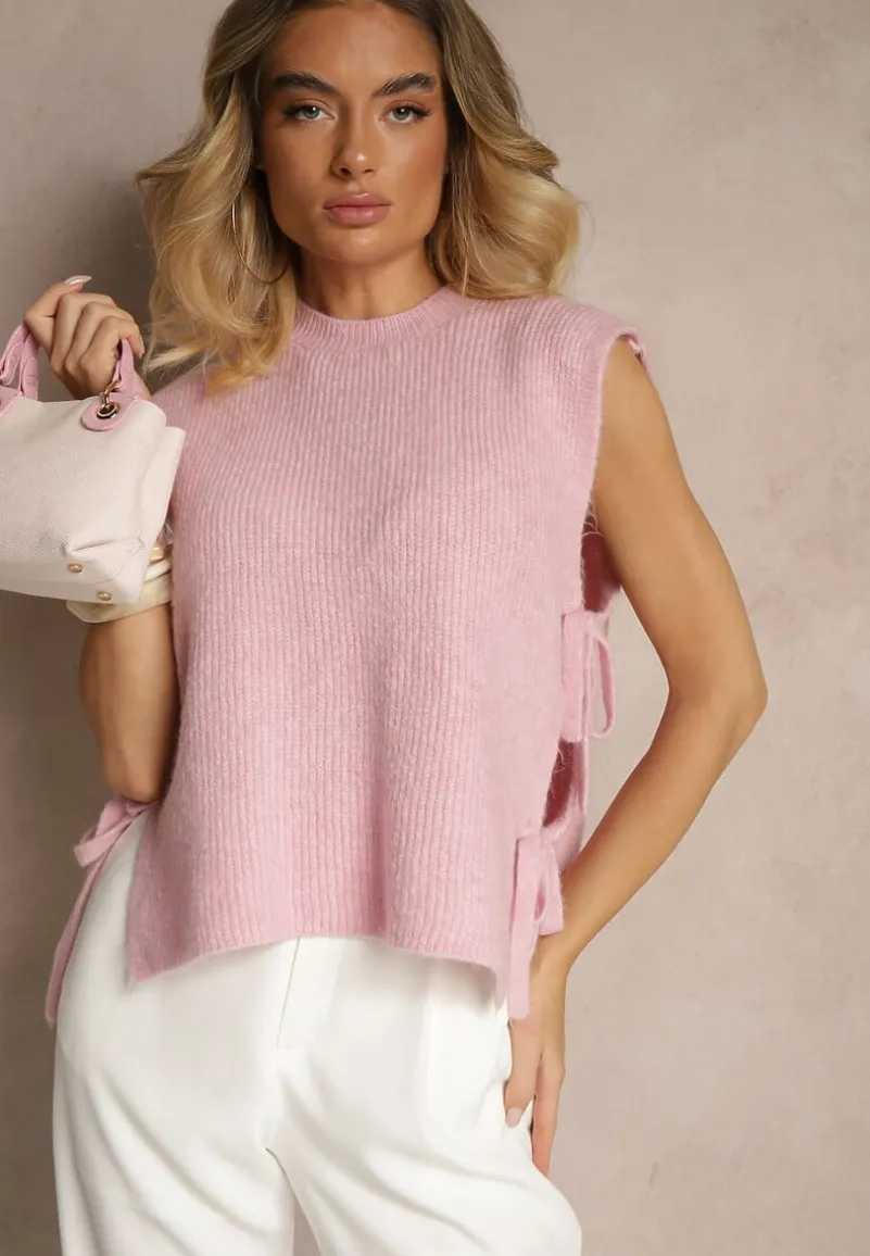 Różowa Kamizelka z Dzianiny z Wełną i Wiskozą Zdobiona Wiązaniami Annivoriae