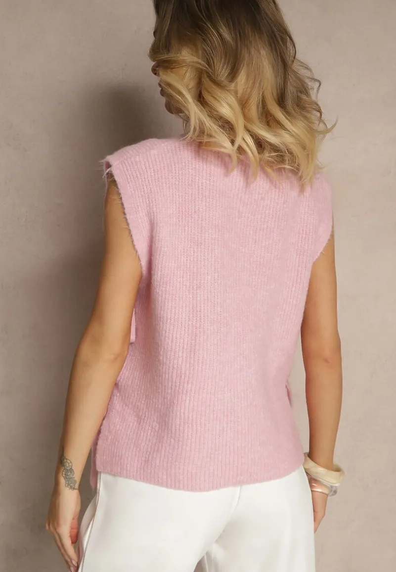 Różowa Kamizelka z Dzianiny z Wełną i Wiskozą Zdobiona Wiązaniami Annivoriae