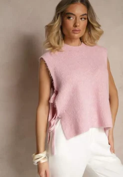 Różowa Kamizelka z Dzianiny z Wełną i Wiskozą Zdobiona Wiązaniami Annivoriae