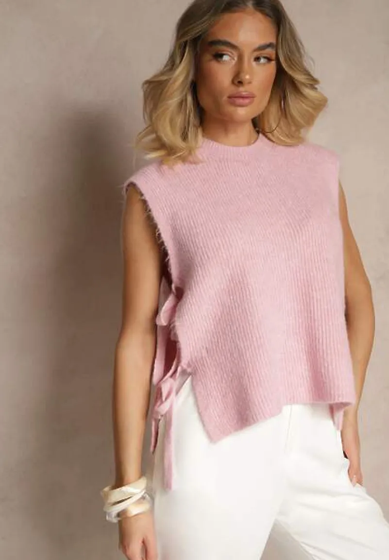 Różowa Kamizelka z Dzianiny z Wełną i Wiskozą Zdobiona Wiązaniami Annivoriae