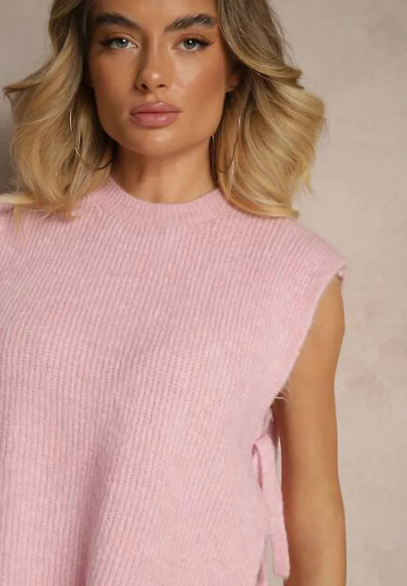 Różowa Kamizelka z Dzianiny z Wełną i Wiskozą Zdobiona Wiązaniami Annivoriae