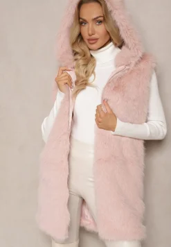 Różowa Kamizelka z Futerkiem i Kapturem o Prostym Kroju Sinavira