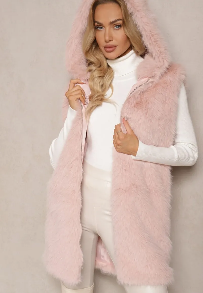 Różowa Kamizelka z Futerkiem i Kapturem o Prostym Kroju Sinavira