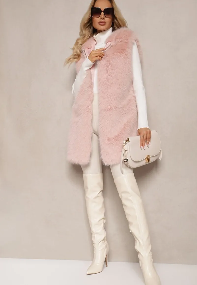 Różowa Kamizelka z Futerkiem i Kapturem o Prostym Kroju Sinavira