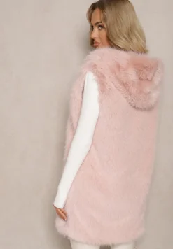 Różowa Kamizelka z Futerkiem i Kapturem o Prostym Kroju Sinavira