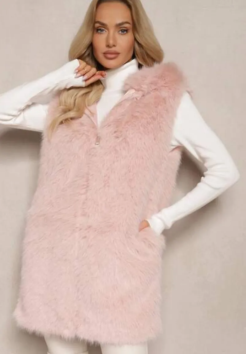 Różowa Kamizelka z Futerkiem i Kapturem o Prostym Kroju Sinavira