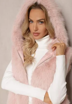 Różowa Kamizelka z Futerkiem i Kapturem o Prostym Kroju Sinavira