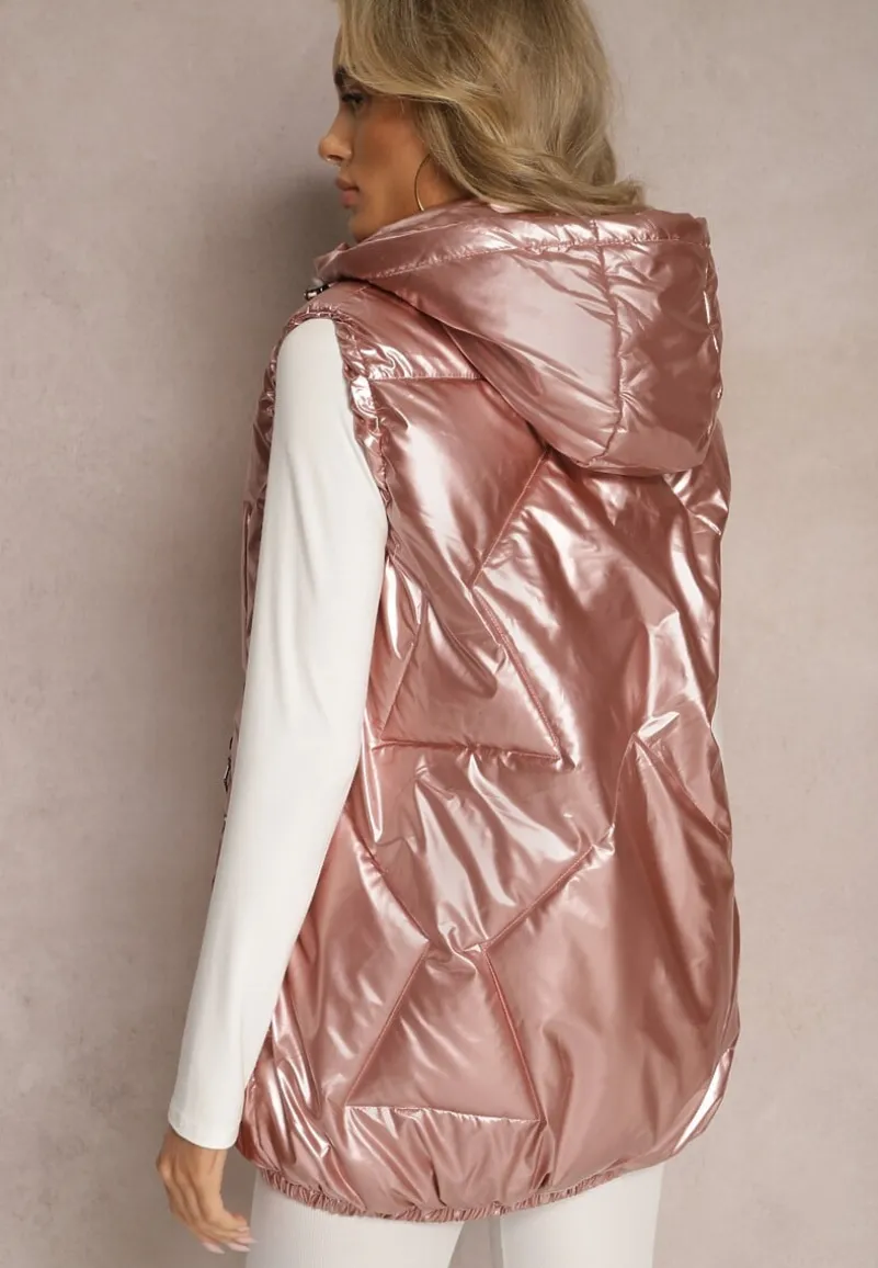 Różowa Kamizelka z Geometrycznym Pikowaniem i Kapturem Lucide