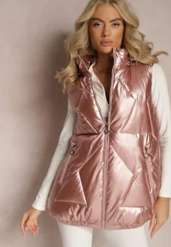 Różowa Kamizelka z Geometrycznym Pikowaniem i Kapturem Lucide