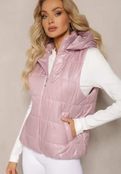 Różowa Kamizelka z Odpinanym Kapturem i Ozdobnym Pikowaniem Akkendia