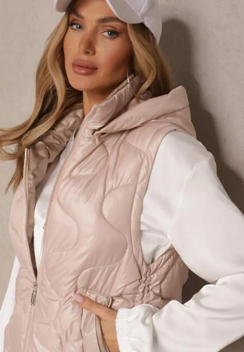 Różowa Kamizelka z Odpinanym Kapturem Ozdobnie Pikowana Silzeki