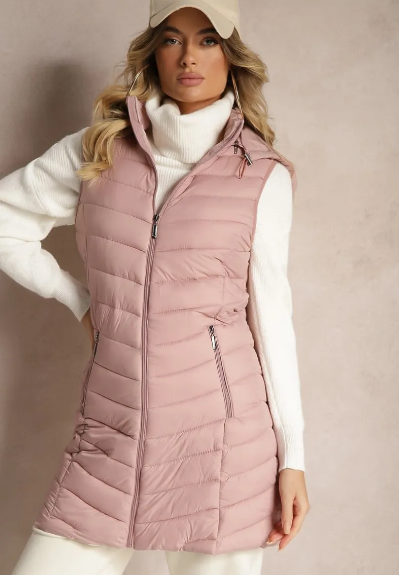 Różowa Kamizelka z z Odpinanym Kapturem Ozdobiona Pikowaniem Ivathira