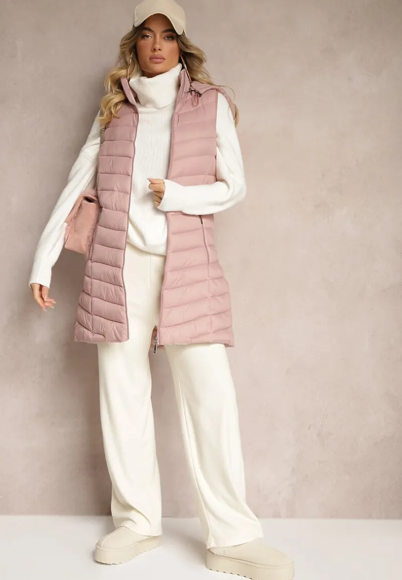 Różowa Kamizelka z z Odpinanym Kapturem Ozdobiona Pikowaniem Ivathira