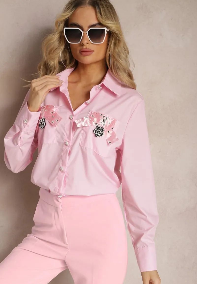 Różowa Klasyczna Koszula z Kieszeniami Zdobiona Cyrkoniami i Kwiatowym Detalem Herlla
