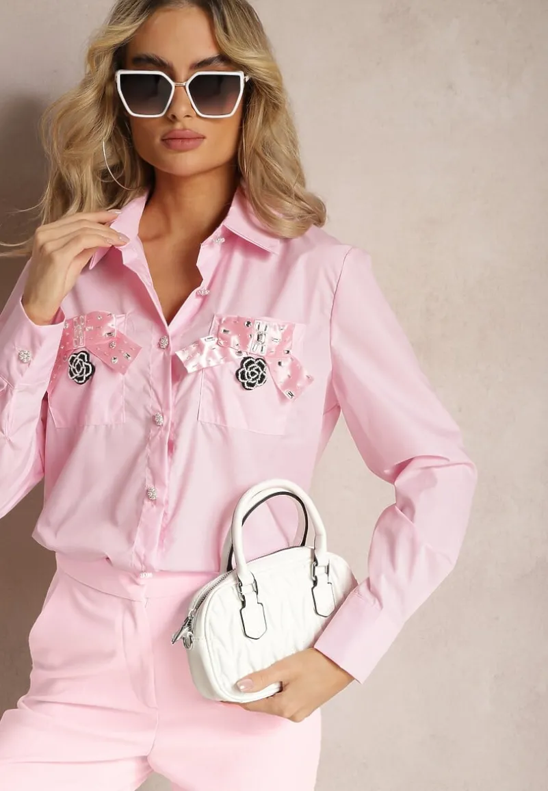 Różowa Klasyczna Koszula z Kieszeniami Zdobiona Cyrkoniami i Kwiatowym Detalem Herlla
