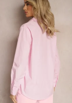 Różowa Klasyczna Koszula z Kieszeniami Zdobiona Cyrkoniami i Kwiatowym Detalem Herlla