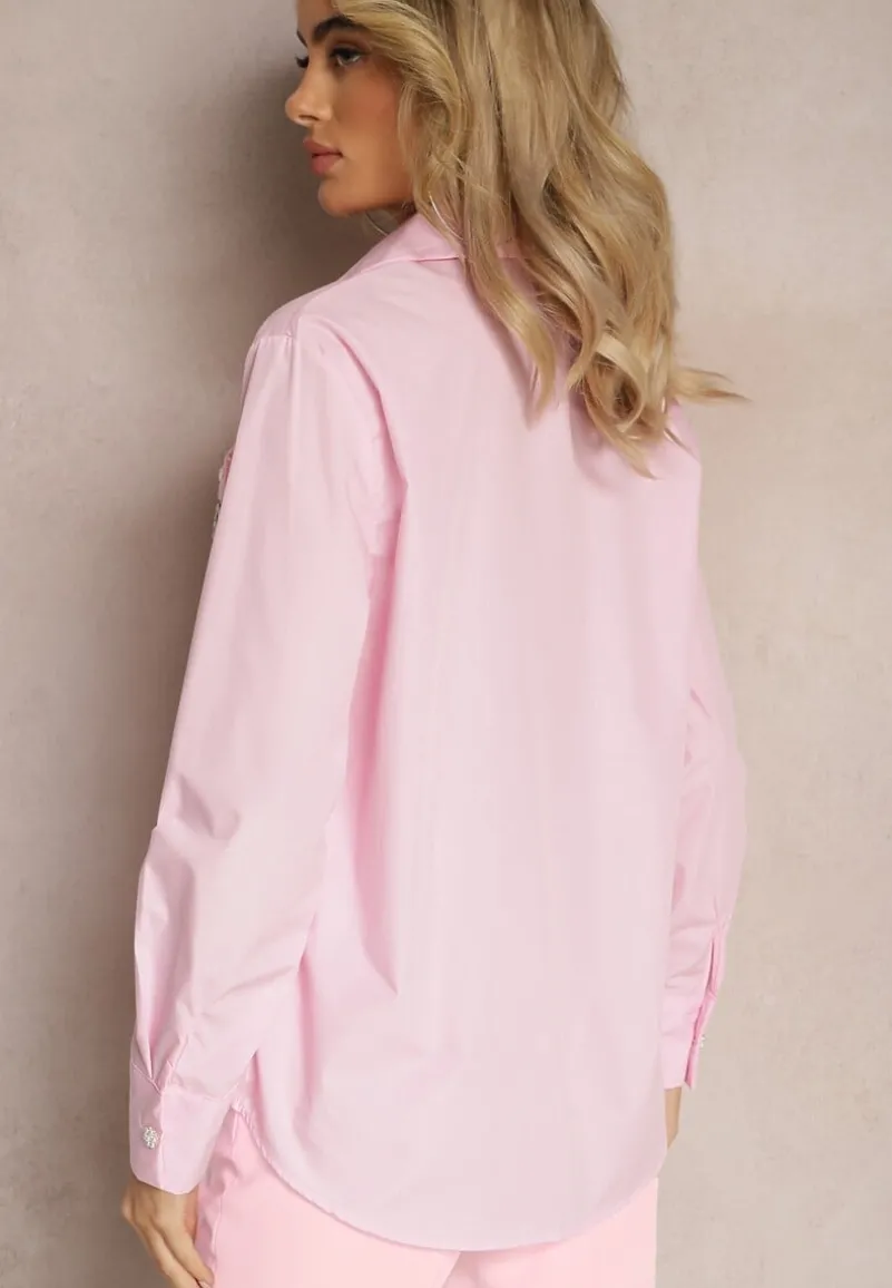 Różowa Klasyczna Koszula z Kieszeniami Zdobiona Cyrkoniami i Kwiatowym Detalem Herlla