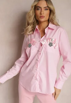Różowa Klasyczna Koszula z Kieszeniami Zdobiona Cyrkoniami i Kwiatowym Detalem Herlla