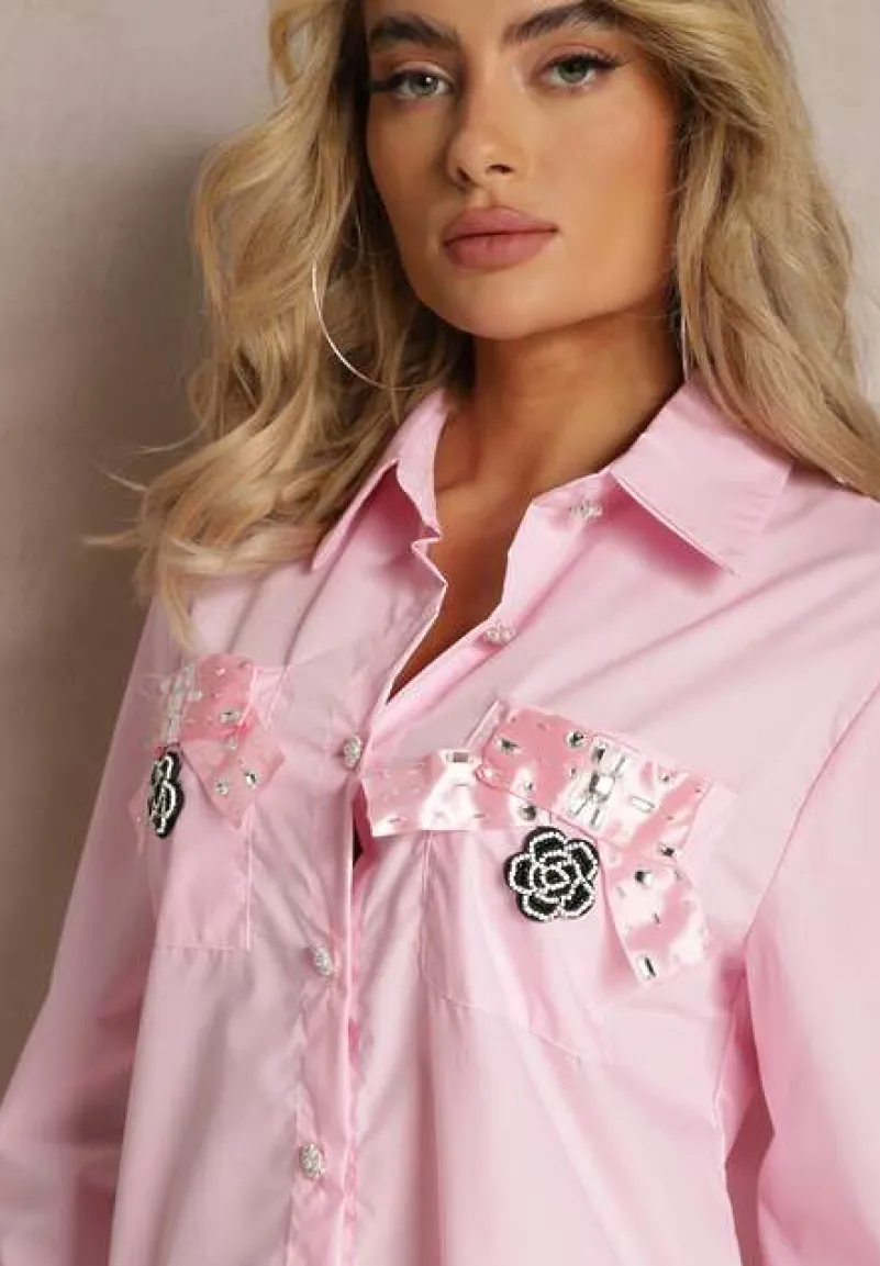 Różowa Klasyczna Koszula z Kieszeniami Zdobiona Cyrkoniami i Kwiatowym Detalem Herlla