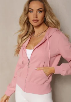 Różowa Klasyczna Rozpinana Bluza na Suwak ze Ściągaczem Parivea