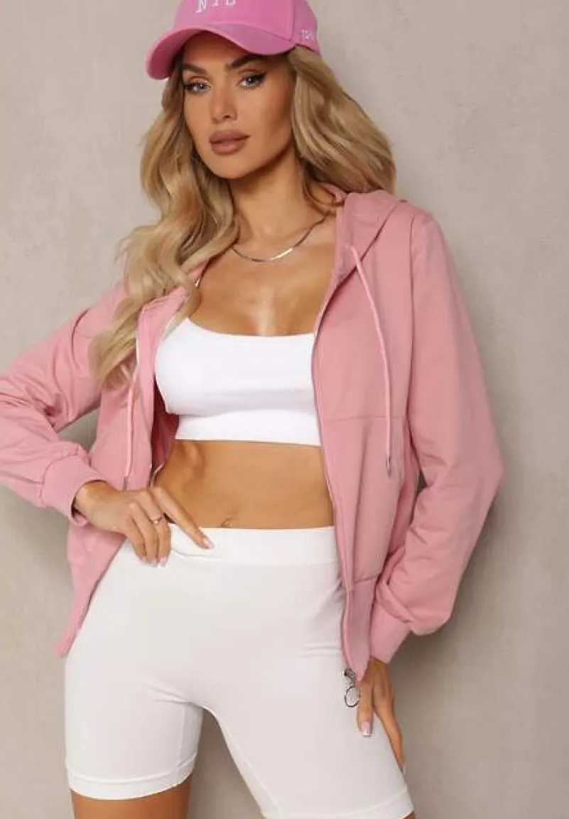 Różowa Klasyczna Rozpinana Bluza na Suwak ze Ściągaczem Parivea