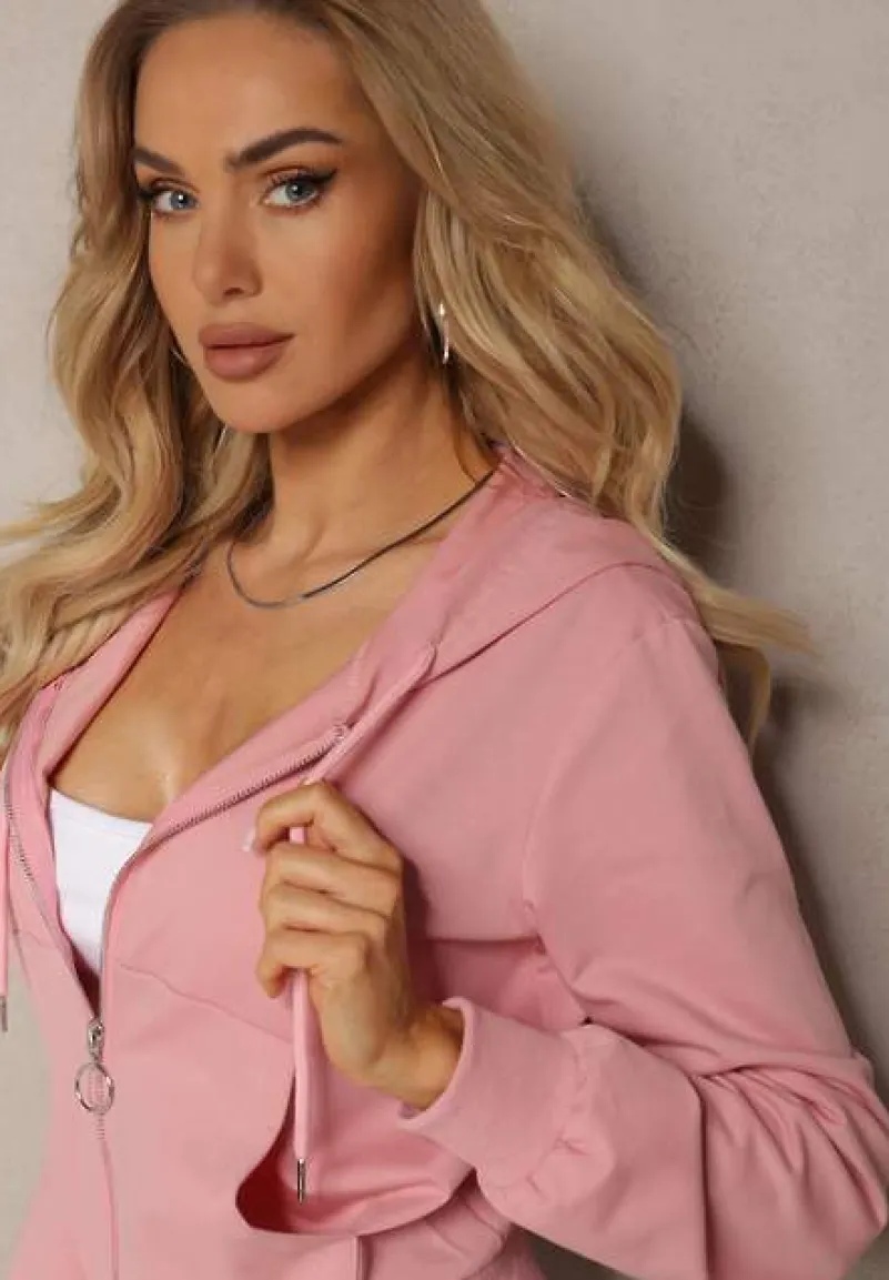Różowa Klasyczna Rozpinana Bluza na Suwak ze Ściągaczem Parivea