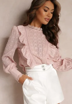 Różowa Koronkowa Bluzka z Falbankami i Metaliczną Nitką Otha