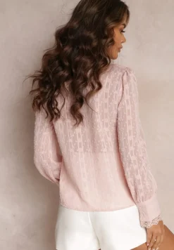 Różowa Koronkowa Bluzka z Falbankami i Metaliczną Nitką Otha