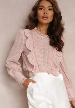 Różowa Koronkowa Bluzka z Falbankami i Metaliczną Nitką Otha