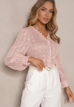 Różowa Koronkowa Bluzka z Metaliczną Nitką Maliso