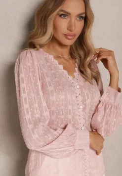 Różowa Koronkowa Bluzka z Metaliczną Nitką Maliso