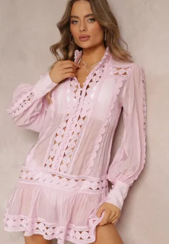 Różowa Koronkowa Tunika Pudełkowa z Falbaną Nawal