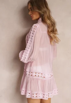 Różowa Koronkowa Tunika Pudełkowa z Falbaną Nawal
