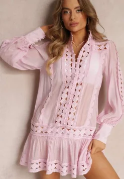 Różowa Koronkowa Tunika Pudełkowa z Falbaną Nawal