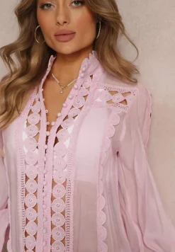 Różowa Koronkowa Tunika Pudełkowa z Falbaną Nawal