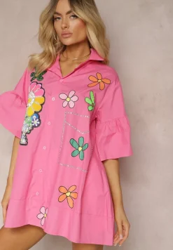 Różowa Koszula Długa z Rękawami 3/4 Zapinana na Guziki z Ozdobnymi Naszywkami Vieva